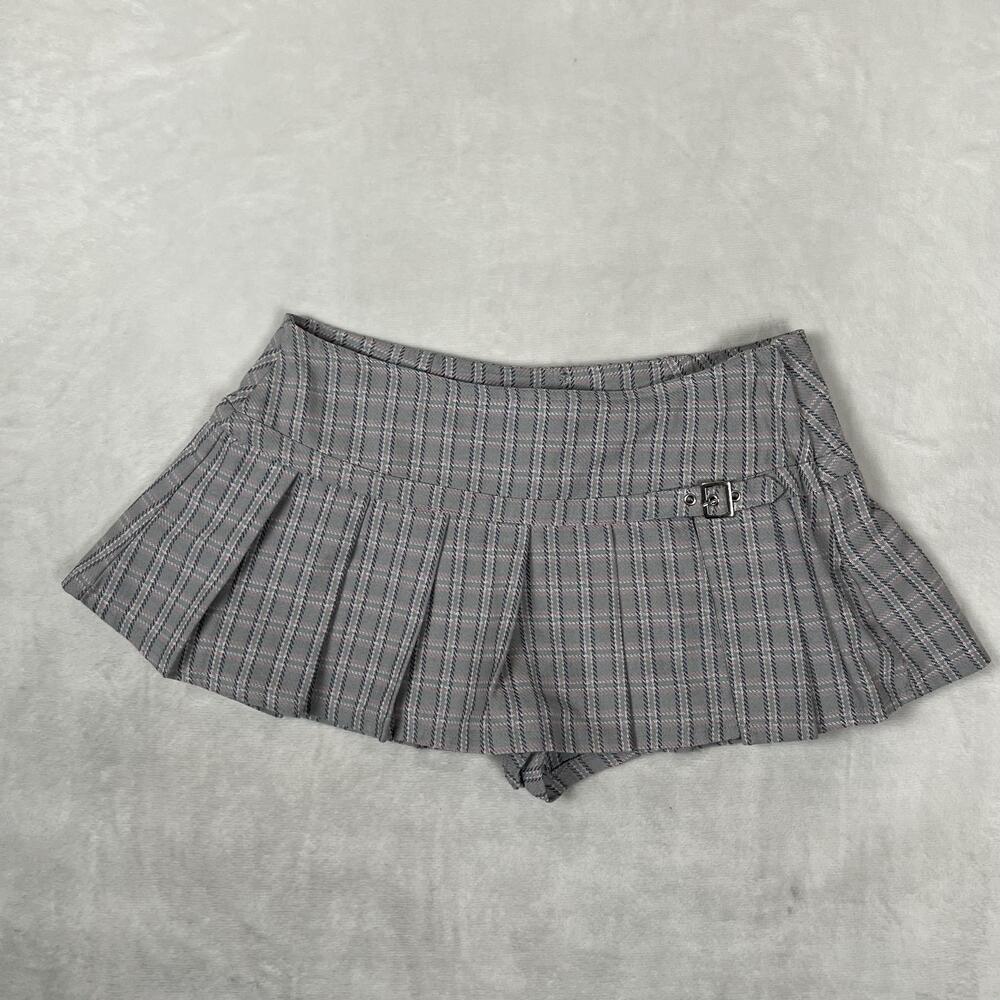 VTG Madden Girl Skirt Womens M Gray Plaid Pleated Buckle Mini Lined Preppy Y2K